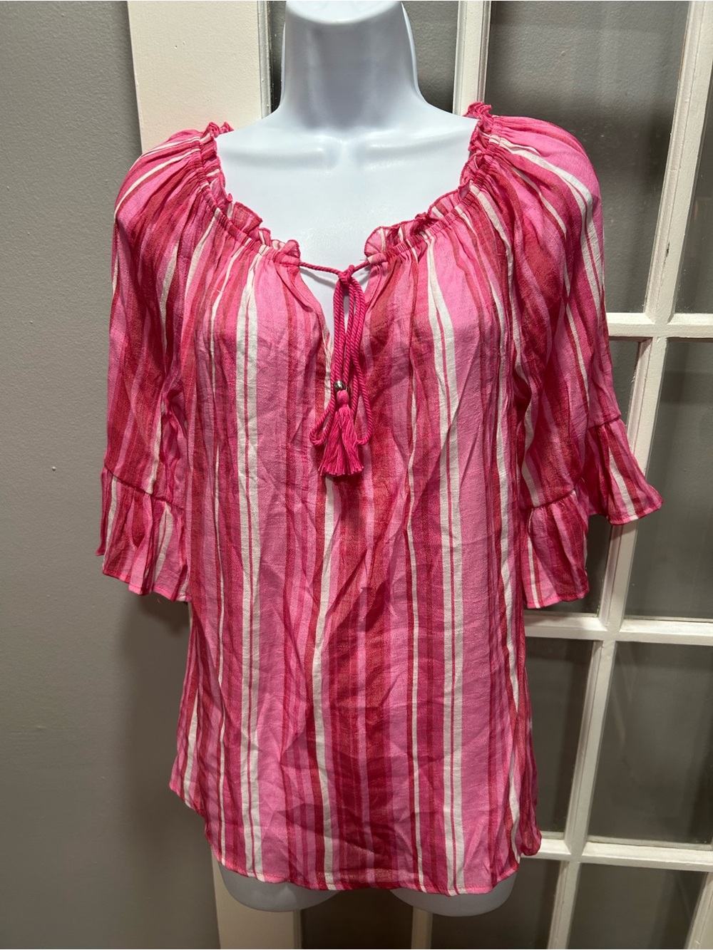 Unique Spectrum Pink Striped Peasant Tunic with Tassel Tie